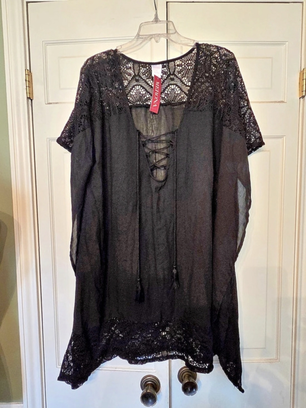 Merona Women’s XL Regular Black Lace Sheer V-Neck Tie Short Sleeve Tunic